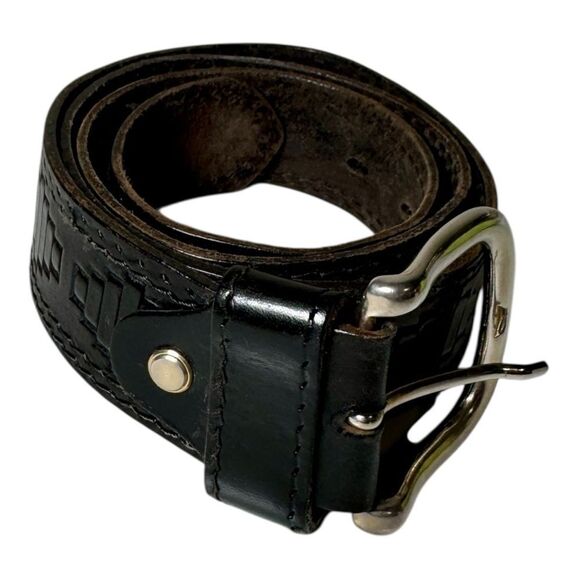 Vintage Italian Leather Aztec Pattern Belt Black Vero Cuoio Men’s Size 40 - Picture 1 of 7